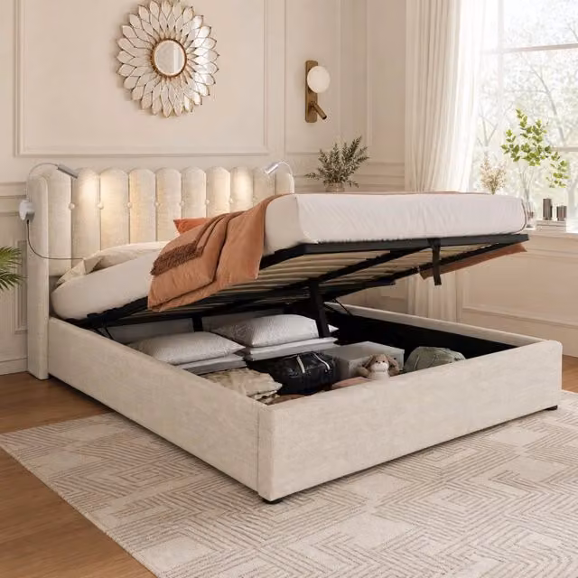 Letto matrimoniale imbottito 140x200 cm con testiera in lino naturale, luce da lettura e funzione di ricarica USB, struttura con contenitore