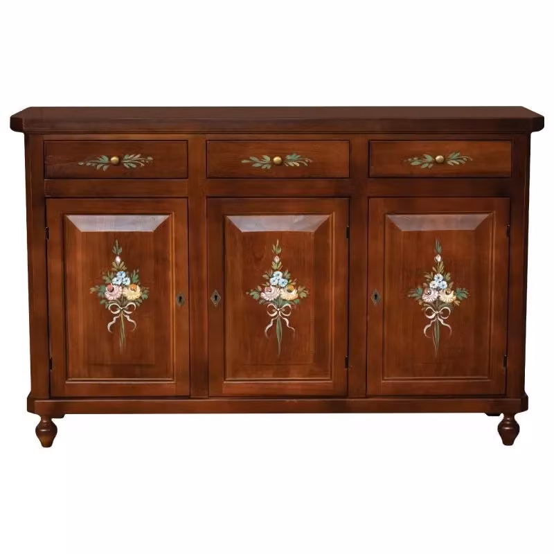 Madia credenza con 3 porte in stile arte povera decorata con motivi floreali di Mobili 2G, colore noce, L: 150 cm, P: 43 cm, H: 98 cm – 3