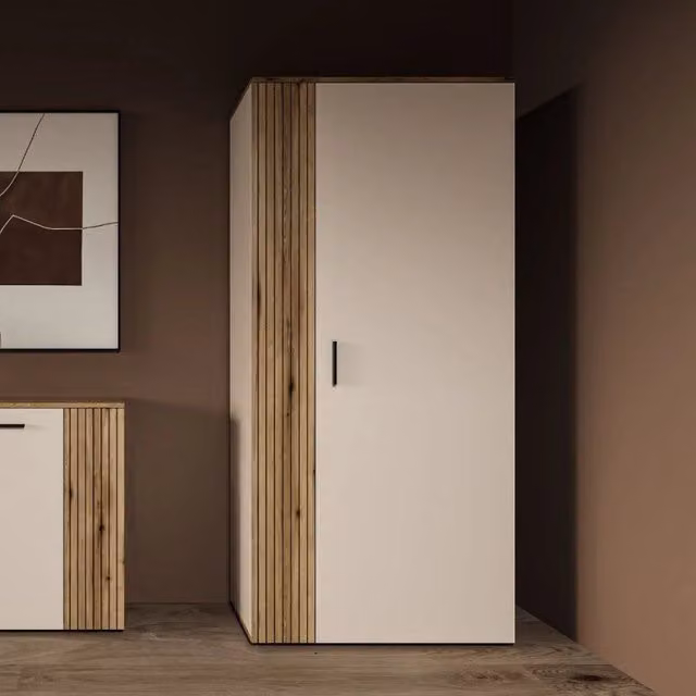 Armadio Frezo08 2 ante battenti con dettaglio a listelli verticali colore cashmere e rovere evoque