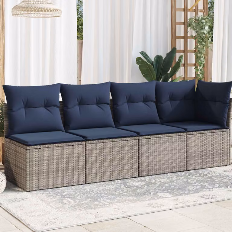 vidaXL Divano da Giardino a L con Cuscini per 4 Persone in Polyrattan e Metallo, Grigio e Blu
