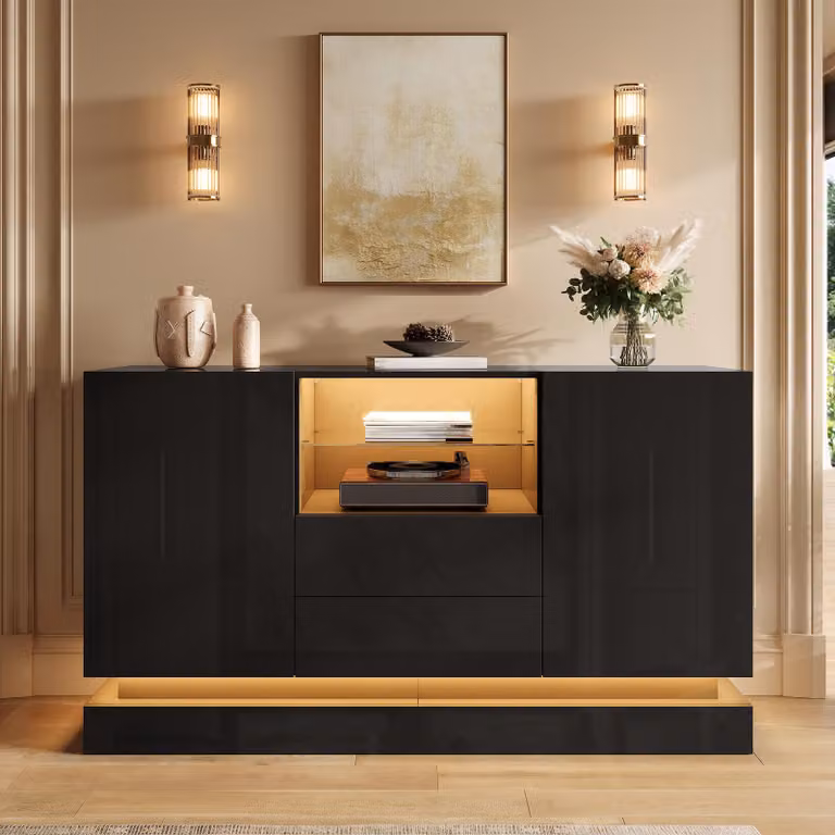 Mobile bar/credenza Merax con finitura lucida, dotata di 2 ante e 2 cassetti, mobile contenitore con vano aperto e ripiano in vetro, armadio per il soggiorno con illuminazione a LED, colore nero