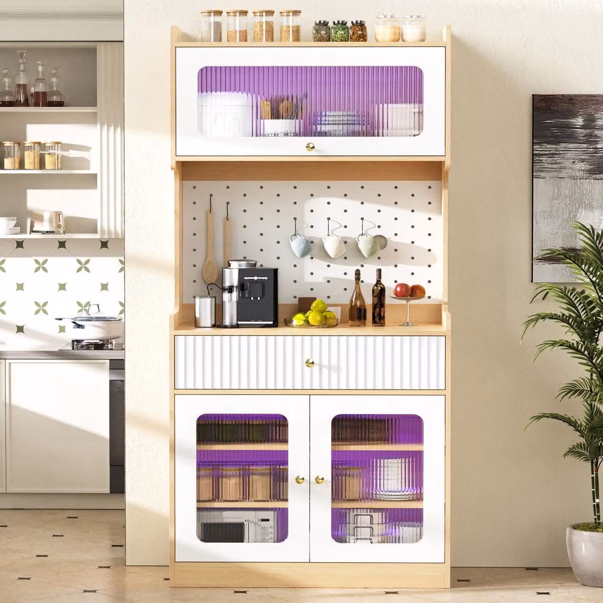 Mobile contenitore moderno per cucina con illuminazione a LED, vetro smerigliato, pannello forato, mobiletto buffet, mobiletto per stoviglie, ideale per cucina o sala da pranzo, colore naturale/bianco, 80 cm