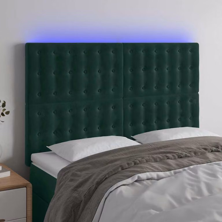 Testiera per letto vidaXL in velluto verde scuro con illuminazione LED e porta di ricarica USB, L 144 cm, H 128 cm, P 5 cm