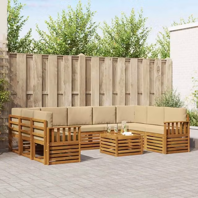 Set di divani da esterno a forma di U vidaXL in legno di acacia con cuscini beige e marrone