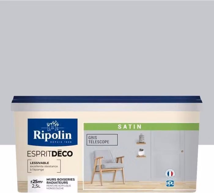Pittura per interni Ripolin Esprit Déco, finitura satinata, Gris Téléscope (grigio), 2,5 l, monostrato, per pareti, legno, radiatori
