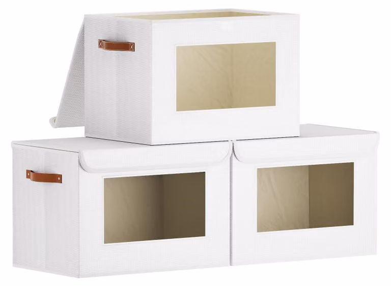 Contenitori in tessuto, pieghevoli, set da 3, dimensioni 45x30x30 cm, con coperchio e finestra trasparente, ideali per l'armadio