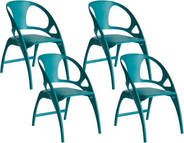 Set di 4 sedie da giardino in polipropilene verde thè plastica leggera e resistente agli agenti atmosferici per interni e per esterni.