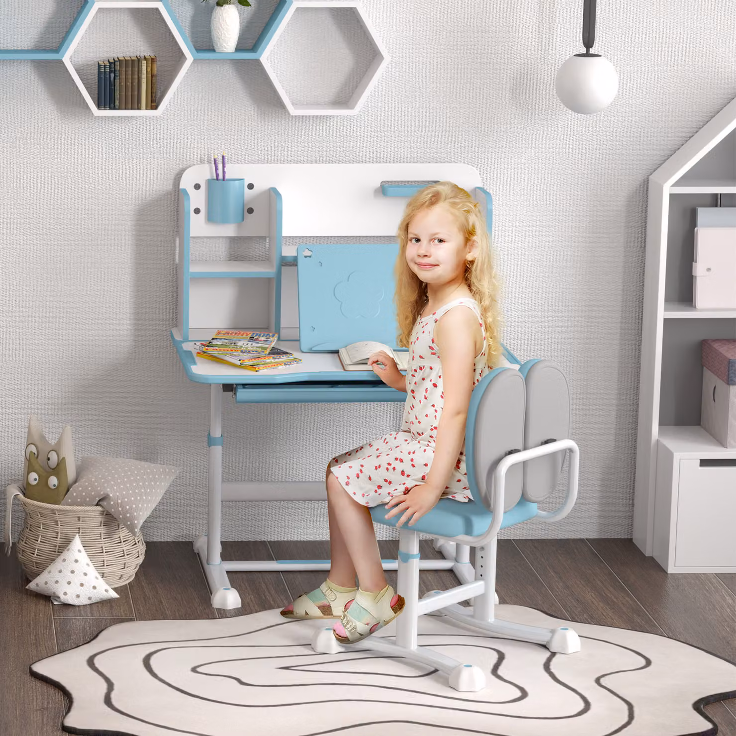 Set Scrivania e Sedia Regolabili Aosom per Bambini con Piano Inclinabile e Cassetto, Colore Blu – 2