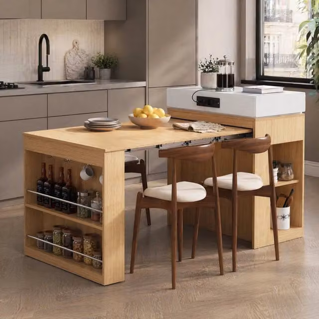 Isola cucina allungabile con prese e tavolo pieghevole naturale