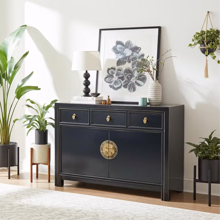 OPIUM OUTLET Cassettiera cinese Asia Credenza orientale Mobile asiatico vintage Credenza nuziale completamente assemblata nero