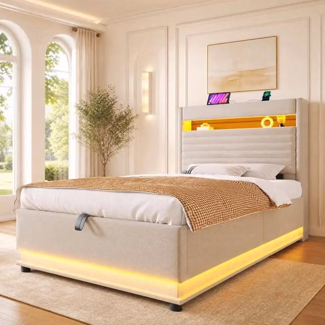 Letto imbottito con contenitore 90x200 cm; LED; USB e Type-C; lino beige