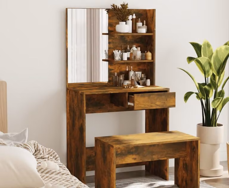 The Living Store Comodino con specchio in rovere fumé 74,5x40x141 cm