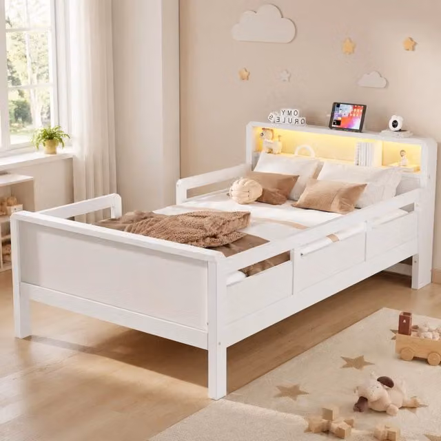 Letto multifunzione per bambini 90 × 200 cm con luce LED e ricarica USB/Tape-C; bianco