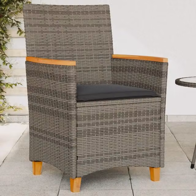 Set di 2 sedie da giardino vidaXL in polyrattan e legno di acacia con cuscini grigi e braccioli – 1