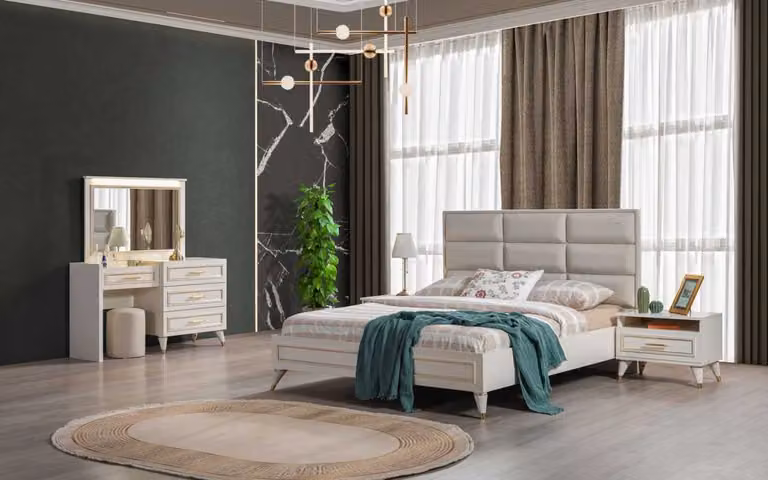 Großes Schlafzimmer Set Doppelbett Schminkttisch Hocker Spiegel 6tlg