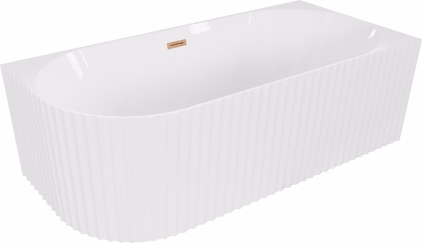 Mexen Gia vasca da bagno angolare freestanding rigata destra 170 x 80 cm, bianco lucido, troppopieno rame spazzolato