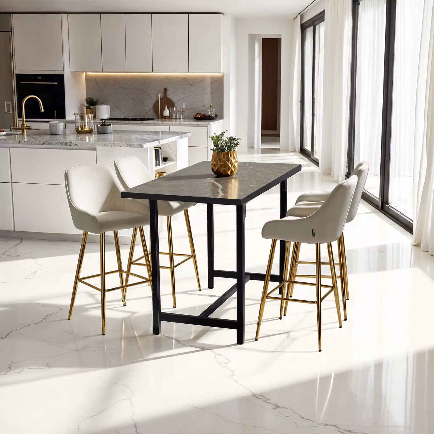 Set di 4 sgabelli da bar Avane TecTake GmbH con schienale, imbottiti in velluto beige e struttura in metallo oro, stile moderno – 3