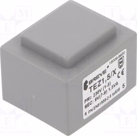 1 trasformatore: rivestito, 230 VAC, 9 V, 1,5 VA, 167 mA. Montaggio: TEZ1.5/X230/9V - trasformatore