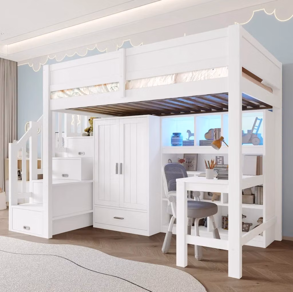 Letto a soppalco MODFU bianco con scrivania, scaffale, armadio, scala contenitore e illuminazione LED, dimensioni: 90 x 200 cm – 2