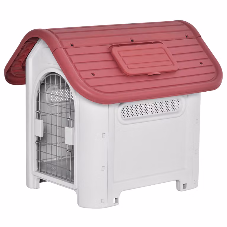 Cuccia per cani in plastica Moonbite, con tetto a due livelli, portello anteriore e base rialzata, impermeabile, adatta a razze piccole, in plastica, colore rosso
