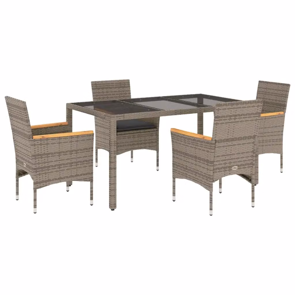 Set da pranzo da giardino vidaXL in polyrattan e legno di acacia con cuscini e tavolo in vetro grigio, 5 pezzi – 2