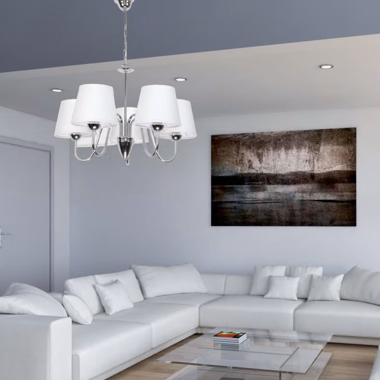 Lampada a sospensione cromata, lampadario, paralume bianco, DAGMA 14-730