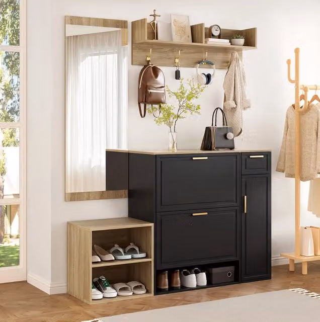 Set guardaroba da ingresso 4 pezzi con scarpiera; panca; appendiabiti a parete e specchio nero naturale