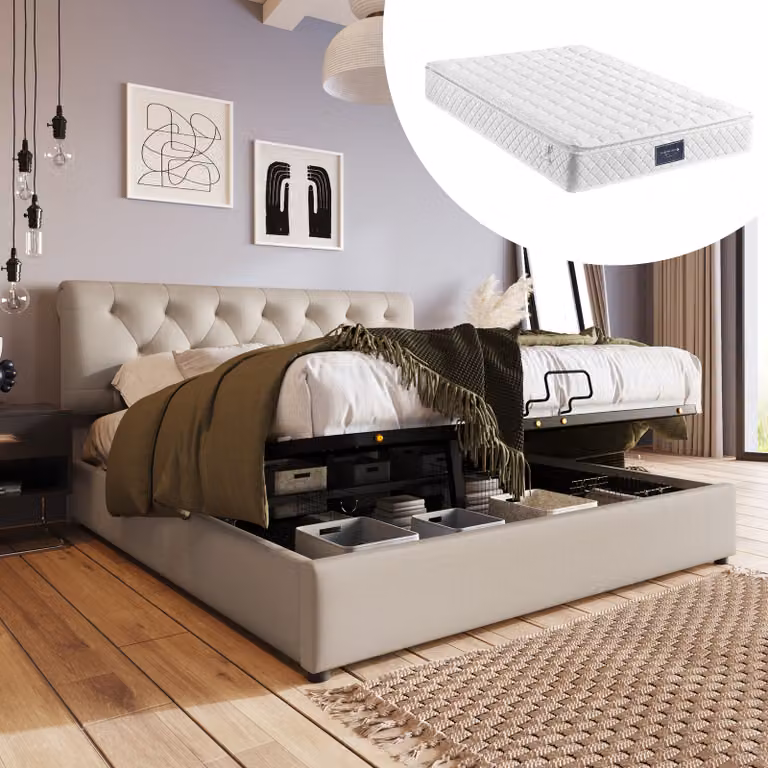 Letto matrimoniale con struttura a molle, modello MODFU, dimensioni 140x200 cm. Letto imbottito con contenitore, rete a doghe e spazio contenitivo, struttura in metallo e testiera regolabile. Tessuto in lino, colore naturale (con materasso incluso)