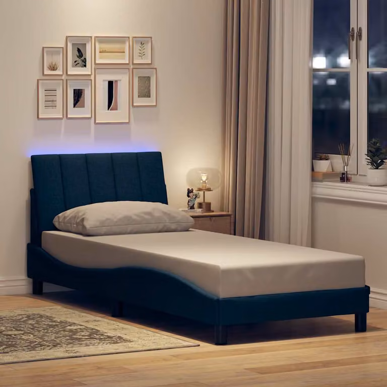 vidaXL Giroletto Hanko Blu in Tessuto con Illuminazione Sotto il Letto e Porta USB, L/P/H: 80 x 200 cm