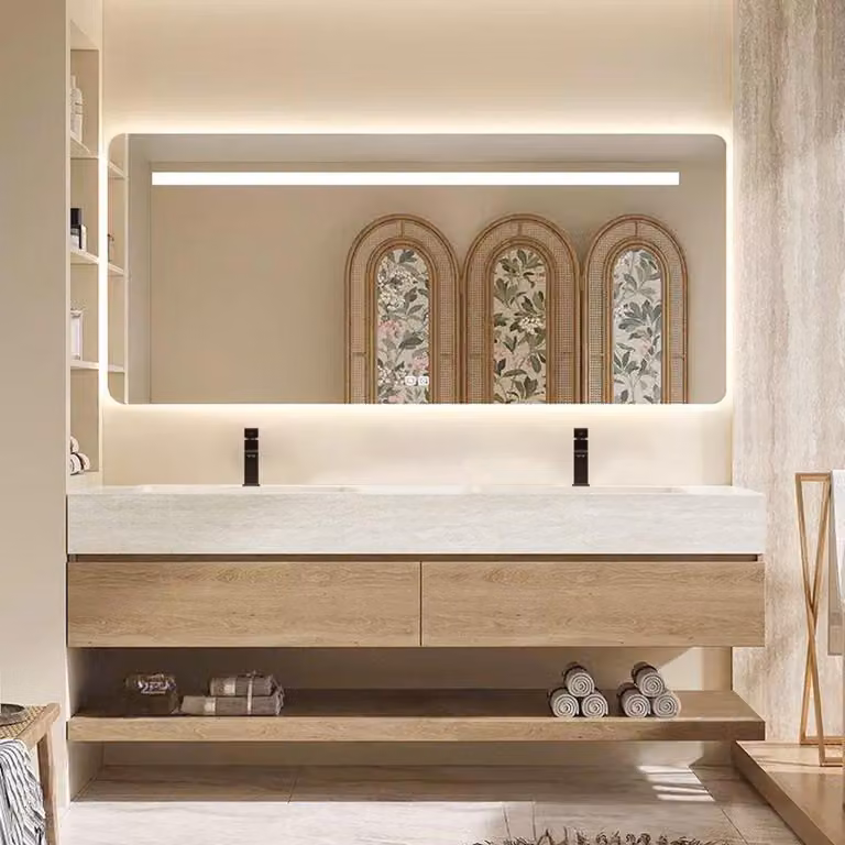 Set lavabo doppio da appendere a parete, effetto travertino, con specchio, mobile sottolavabo, pietra sinterizzata, con foro per rubinetteria 140×55 cm【RW4822-140 K】