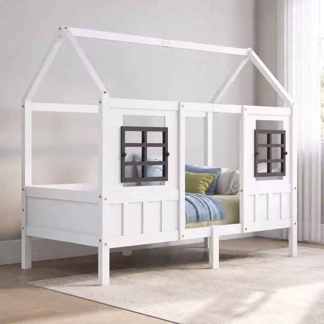 Letto a casetta singolo per bambini con 2 finestre, struttura in pino e MDF bianco 200x90 cm