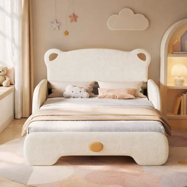 Letto imbottito a forma di orso con letto estraibile 140x200 cm in velluto beige