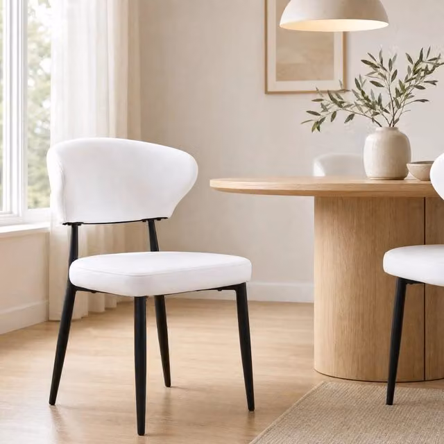 Set tavolo da pranzo e sedie con 1 tavolo rotondo e 4 sedie con schienale curvo in MDF, vetro, metallo e PU bianco