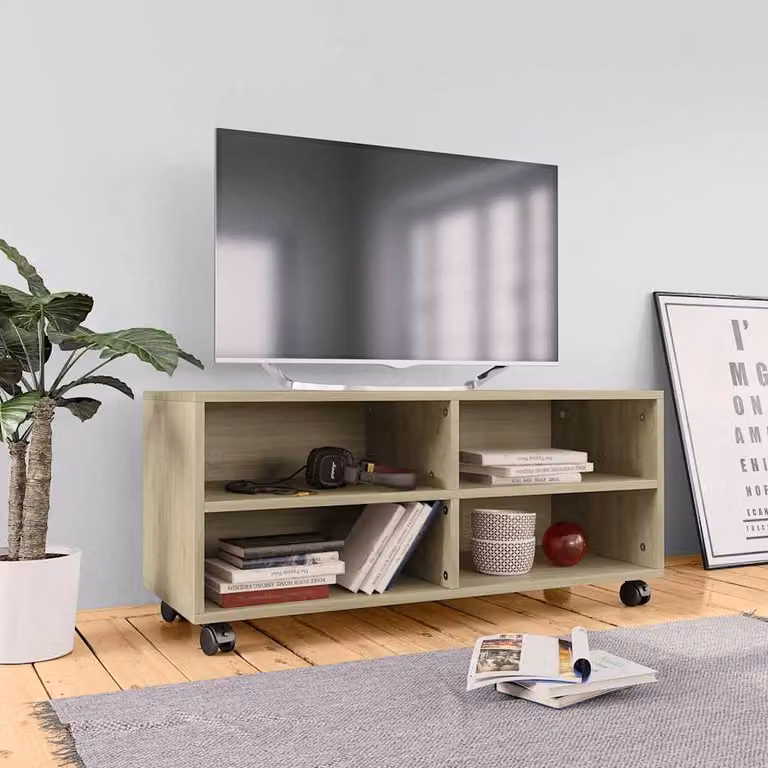 Mobile TV con ruote vidaXL in legno multistrato Rovere Sonoma, marrone, L 90 cm x P 35 cm x H 35 cm