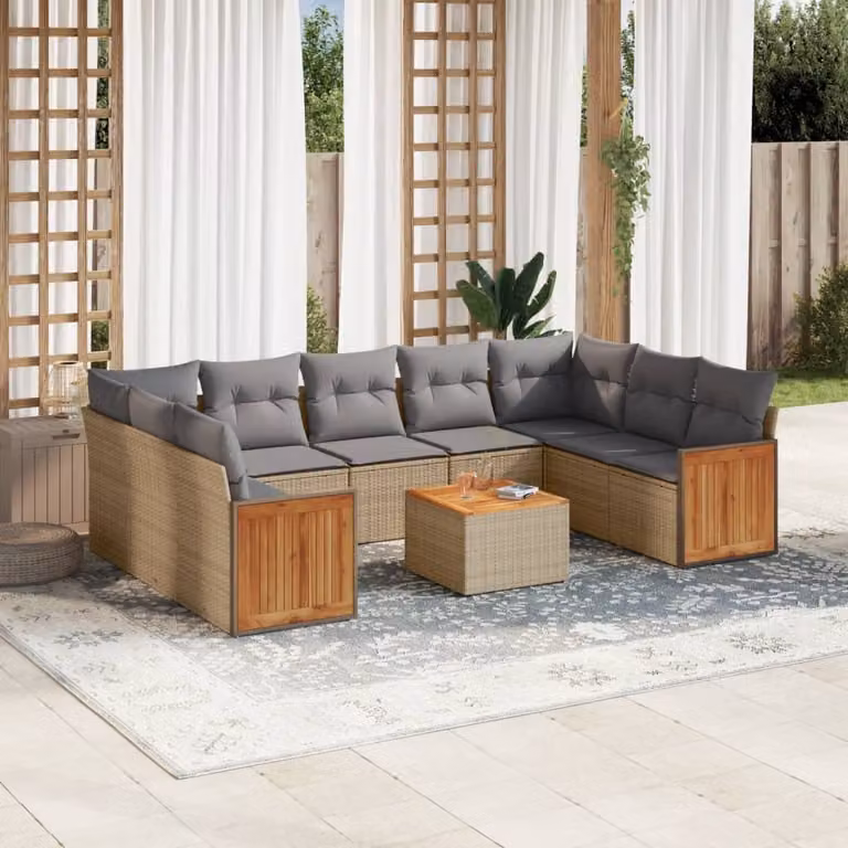 vidaXL Set Divano da Giardino 10 pz in Polyrattan con Cuscini Beige e Tavolino da Esterno