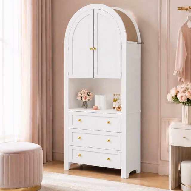 Credenza alta ad arco moderna in MDF bianco con tre cassetti, ante e vano aperto per cucina e soggiorno L: 70 cm, P: 35 cm, H: 180 cm
