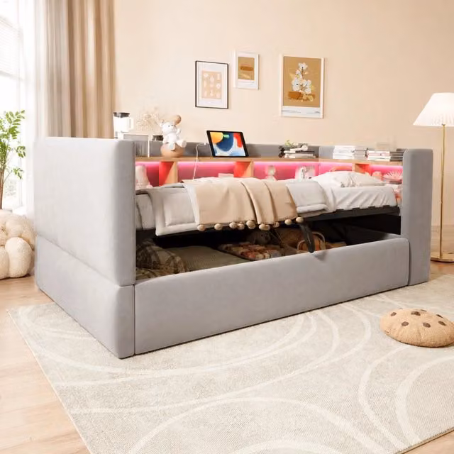 Divano letto imbottito 90x190 cm con LED, prese, vani portaoggetti e contenitore