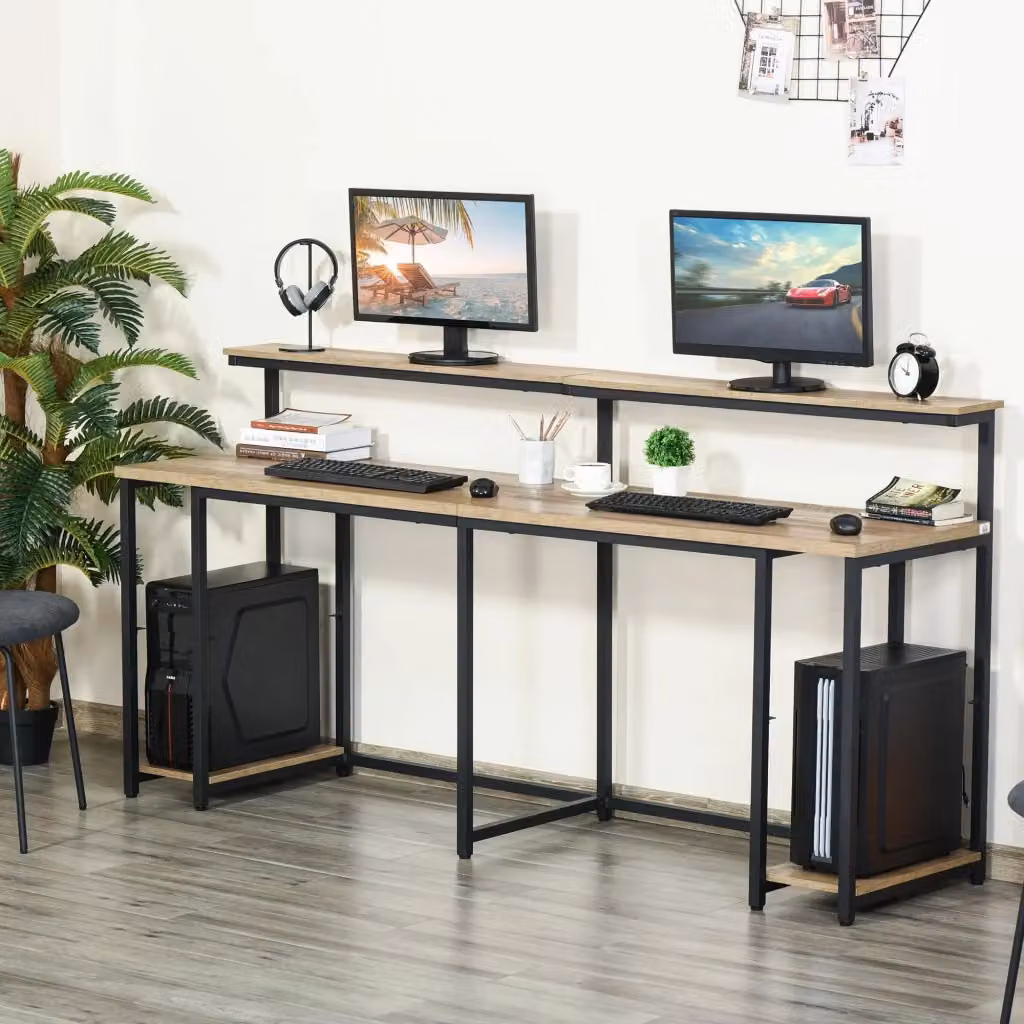 Scrivania da Computer Industrial GIORDANOSHOP in Metallo e MDF Nero e Marrone L: 200 cm, P: 53 cm, H: 100 cm – 2