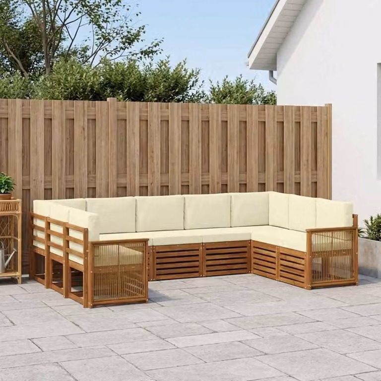 Set di divani da esterno vidaXL a forma di L composto da 7 pezzi in legno di acacia con cuscini, colori beige, bianco e marrone