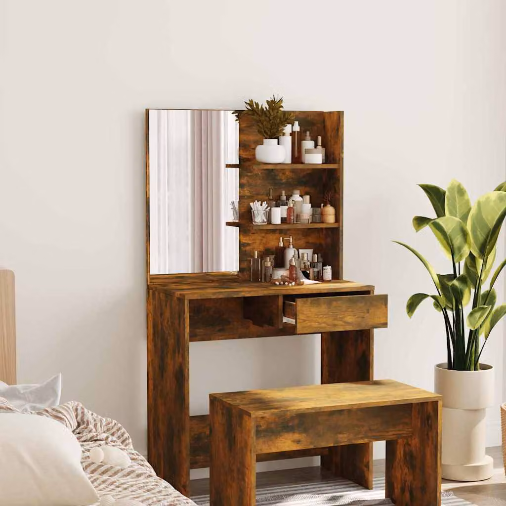 vidaXL Toeletta con Specchio Rovere Fumo L: 74,5 cm, P: 40 cm, H: 141 cm