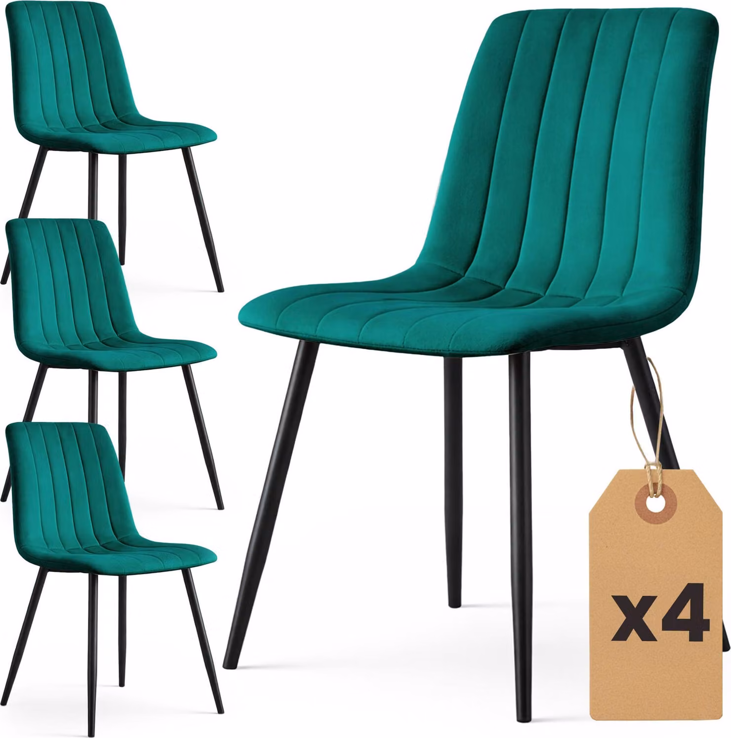 Set di 4 Sedie in velluto trapuntate LIVO Verde Bottiglia gambe nere