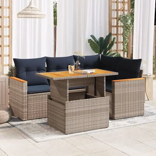 Set Divano da Giardino a L vidaXL in Polyrattan con Cuscini Blu e Grigio e Tavolino da Esterno