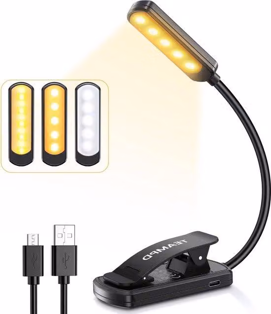 Mini torce a LED con 10 LED, 3 colori, classe di efficienza energetica A, ricaricabili tramite USB, di dimensioni ridotte, estremamente leggere, portatili, con clip, ideali come lampade da lettura, con luminosità regolabile