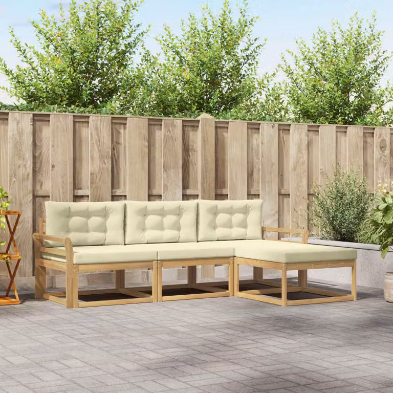 Set di divani da esterno a L vidaXL in legno di acacia con pouf e cuscini, Bianco e Beige