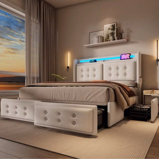 Letto Mivray con cassetti e illuminazione LED, porte USB e Type-C, testiera imbottita in tessuto cotone-lino beige, L/P/H: 140 x 200 x 106 cm