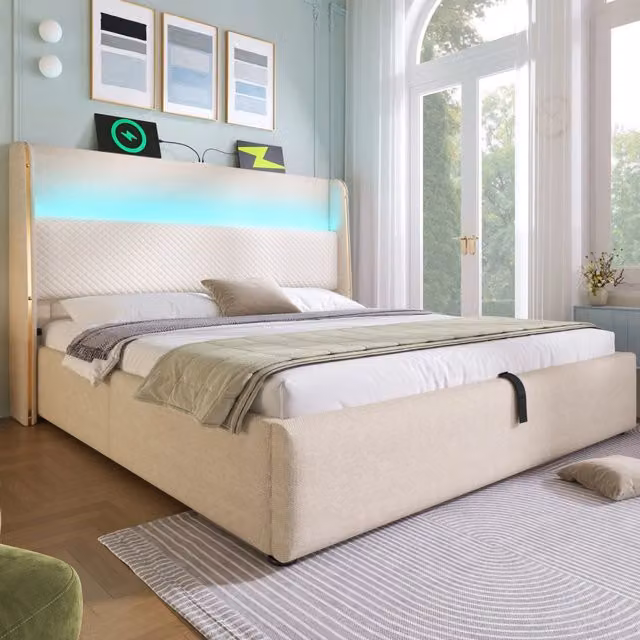 Letto matrimoniale ULEVR 160x200 cm con contenitore idraulico, LED, USB e Type-C, materasso H3 incluso, beige