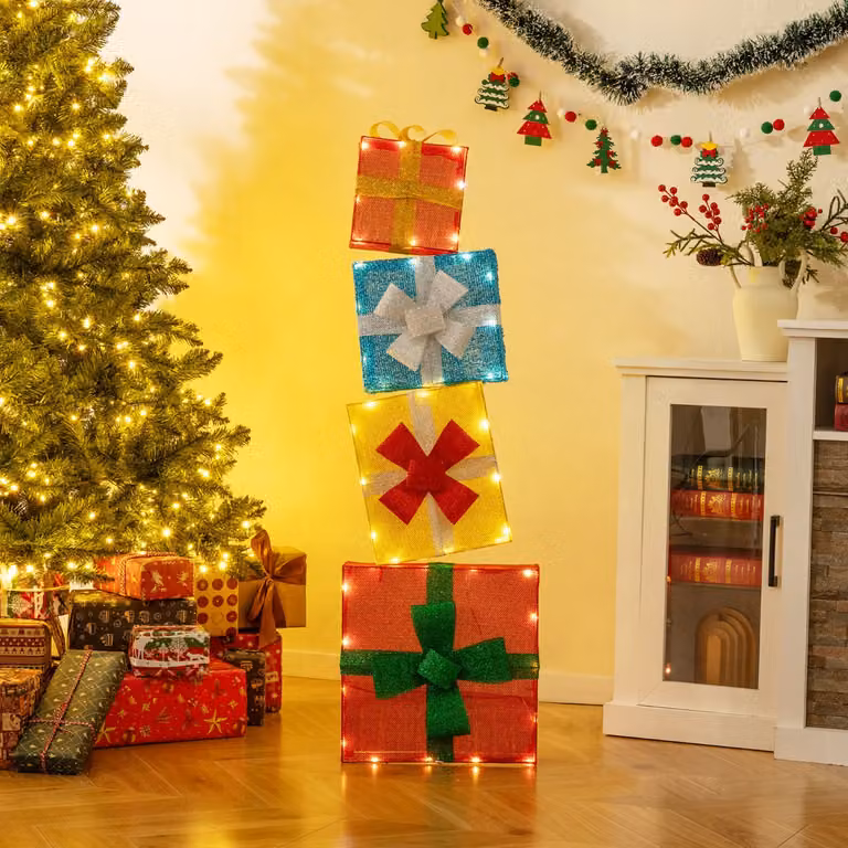 Set di 4 scatole regalo di Natale illuminate a LED Costway con luce bianca calda e accessori per giardino