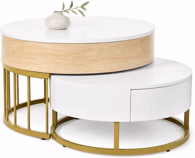 Set di 2 tavolini da caffè rotondi REDOM sollevabili in MDF e metallo, Bianco e Oro, L/P: 70 x 70 cm e 60 x 60 cm – 1