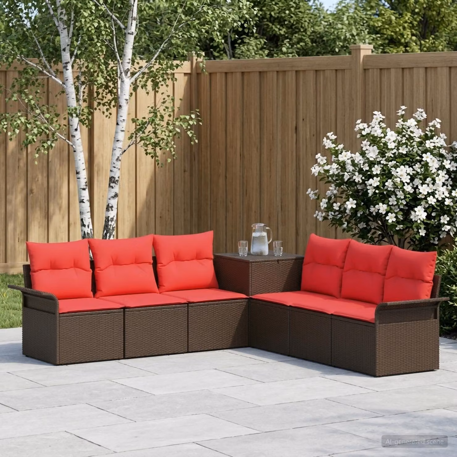 Set di divani da giardino vidaXL 7 pezzi in rattan e acciaio con cuscini marrone e rosso
