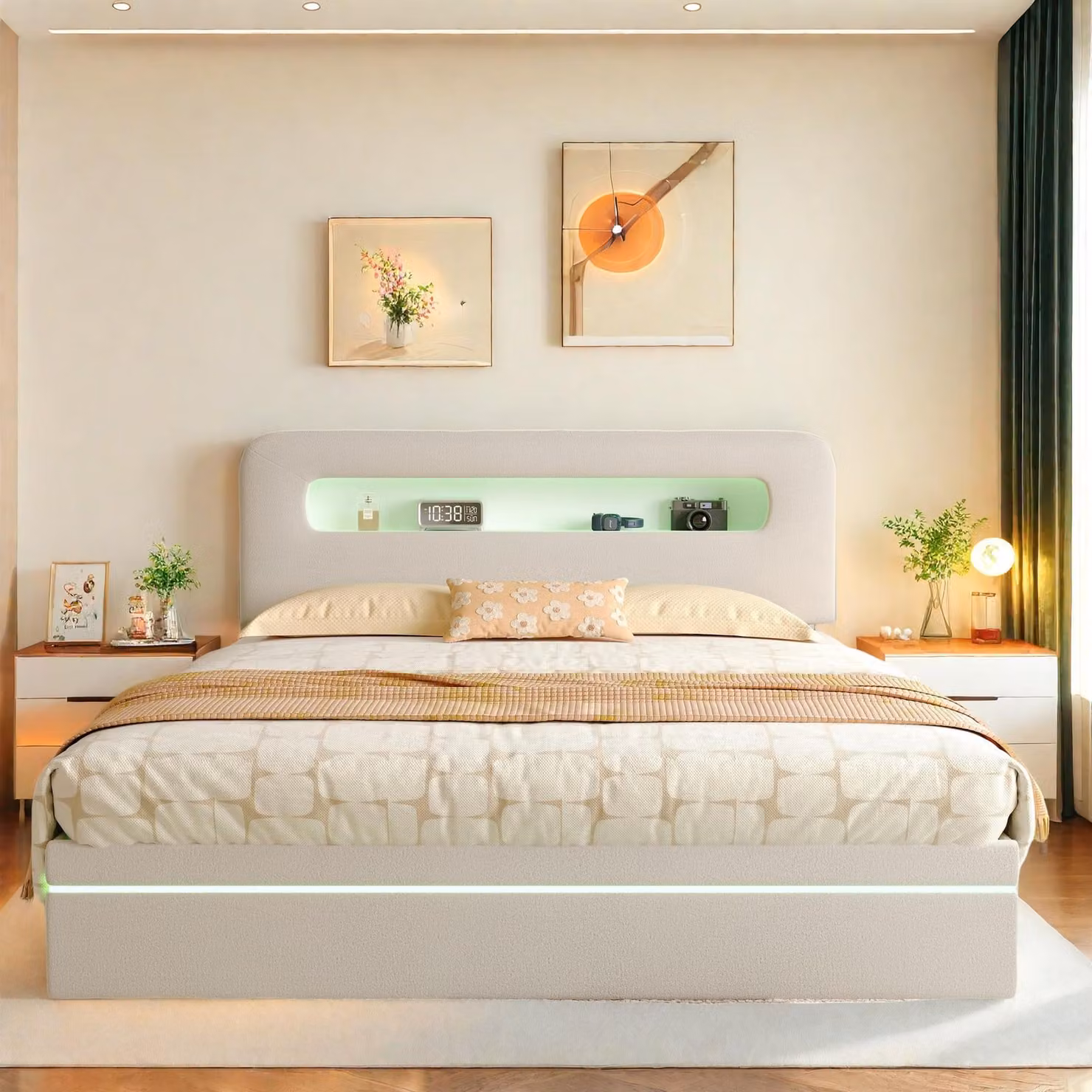 Letto idraulico ProximaX 140x200 cm, illuminazione a LED, contenitore e mensola sulla testata, comodo per dormire, camera da letto, velluto beige